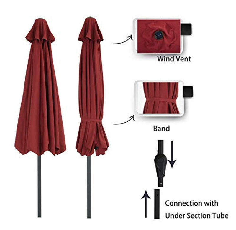 Patio Watcher 9 FT Patio LED Umbrella Solar Powered Outdoor Umbrella, 40 LED with 2 Charge Modes(Solar and Adaptor),250GSM Fabric with Push Button Tilt and Crank,Red