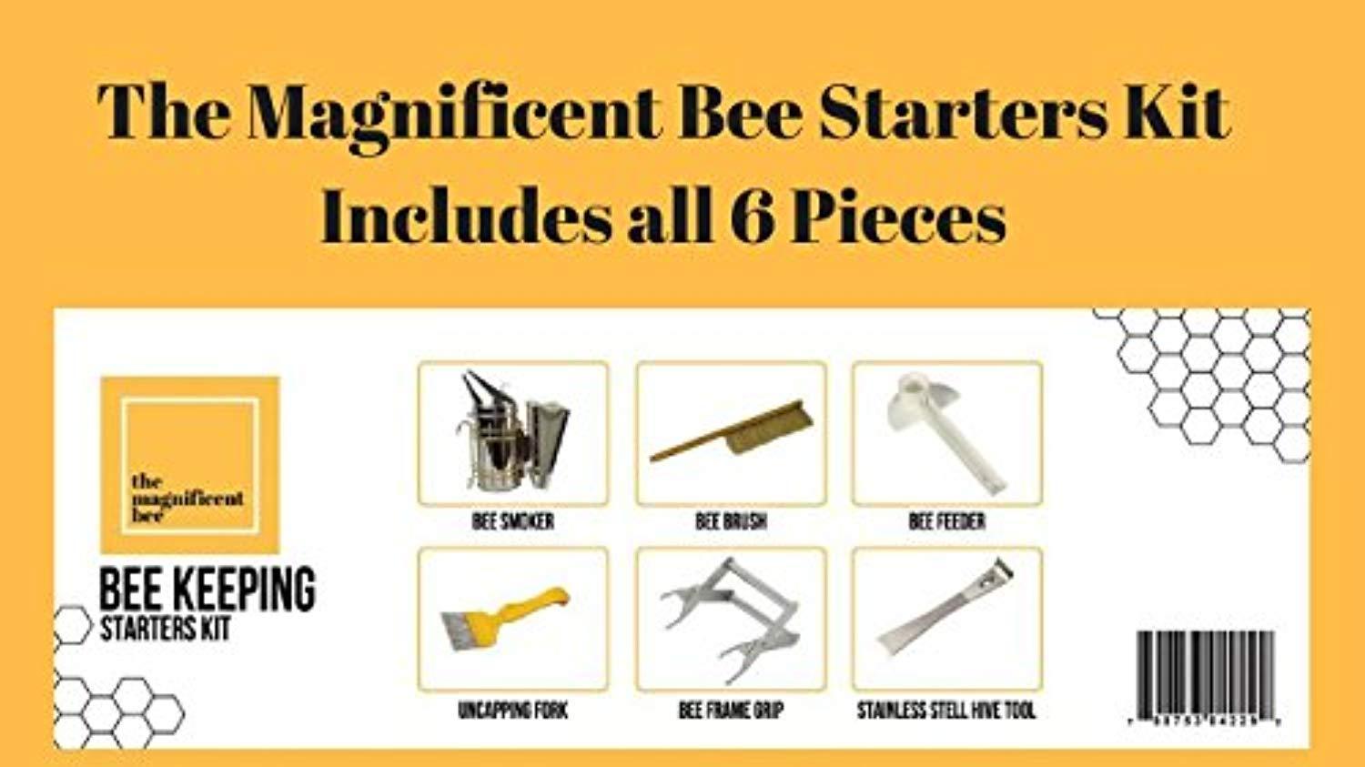 6 Piece Beekeeping Supplies Starters Kit - Bee Hive Smoker, Uncapping Fork Tool, Bee Brush, Frame Grip, Extracting Scraper, Bee Feeder Tool