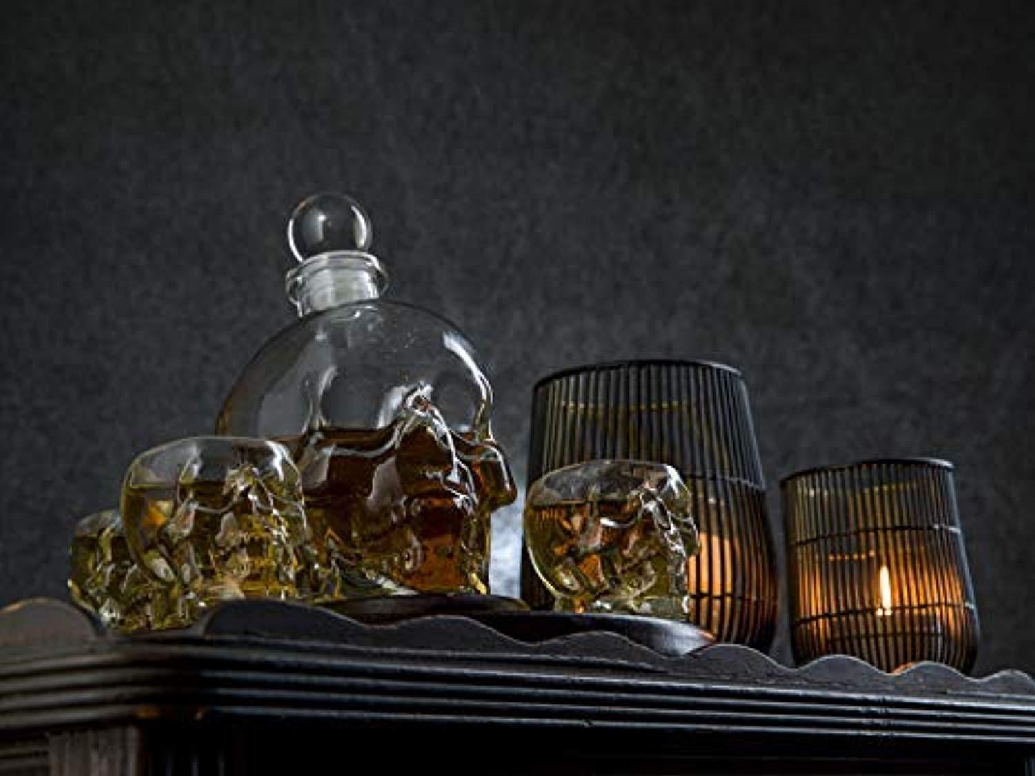 Guzzle Buddy Large Skull Face Decanter with 4 Skull Shot Glasses and Beautiful Wooden Base - By The Wine Savant Use Skull Head Cup For A Whiskey, Scotch and Vodka Shot Glass, 25 Ounce Decanter 3 Ounces Shot Glass