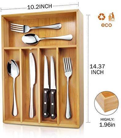 KaryHome  24-Piece Silverware  Set, Flatware Set Mirror Polished, Dishwasher Safe Service for 4, Include Knife/Fork/Spoon with Bamboo 5-Compartment Silverware Drawer Organizer Box