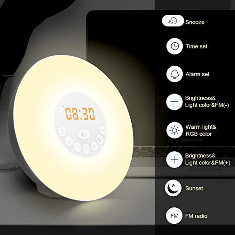 Wake Up Light, myfree Nature Light Sunrise Simulation Alarm Clock Touch Control Night Light for Bedrooms, Snooze Function Wake-Up Light with USB Charger FM Radio for Heavy Sleepers
