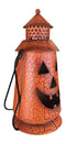 Halloween Pumpkin Rustic Lantern with Handle, - Metal Jack O Lantern Fall Decoration, Standing or Hanging, Holds Pillar Candle - Indoor, Outdoor, by Clovers Garden