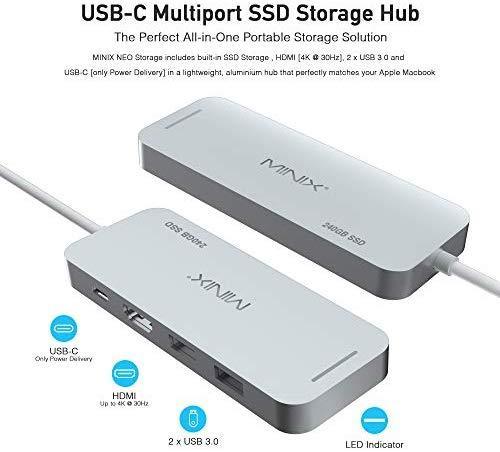 MINIX NEO Storage, 240GB Aluminum USB-C Multiport SSD Storage Hub, Built-in M.2 SSD Storage with HDMI [4K @ 30Hz], 2 x USB 3.0 and USB-C for Power Delivery, Compatible for Apple MacBook. Space Gray