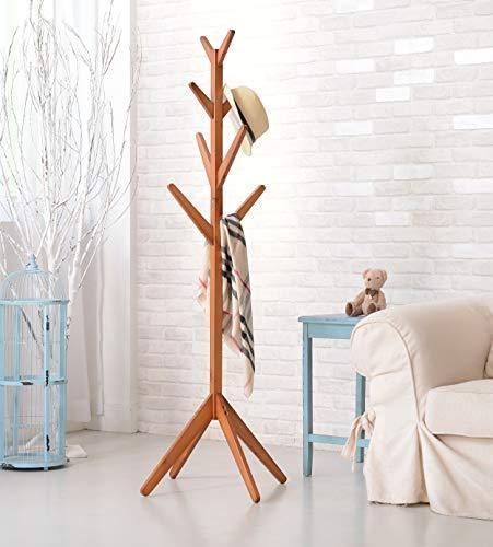 Neasyth Solid Wood Coat Rack Simple Entryway Standing Hall Tree Tetrapod Base for Hat Jacket Coat Hanger Rack in Living Room Bedroom (Teak Color)