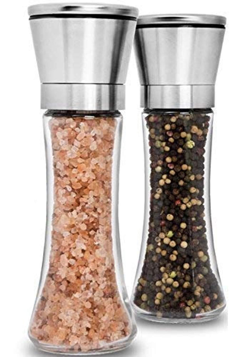 Premium Stainless Steel Salt and Pepper Grinder Set of 2 - Adjustable Ceramic Sea Salt Grinder & Pepper Grinder - Tall Glass Salt and Pepper Shakers - Pepper Mill & Salt Mill with Free Funnel & EBook