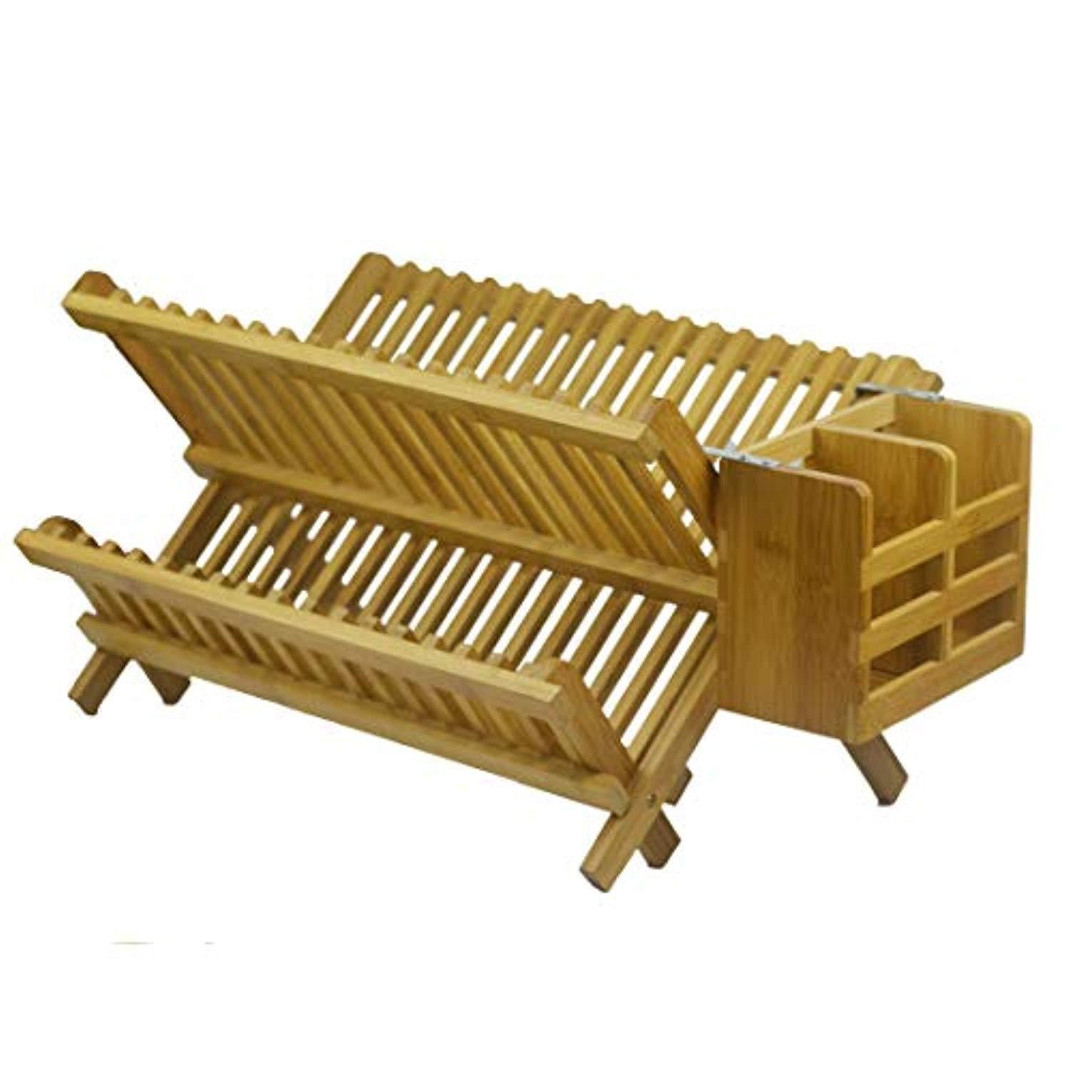 Oyydecor Bamboo Dish Rack 2-Tier Collapsible Drainer Folding Wooden Dish Drying rack with Utensils Flatware Holder set Home Cabinet, 18 Slots