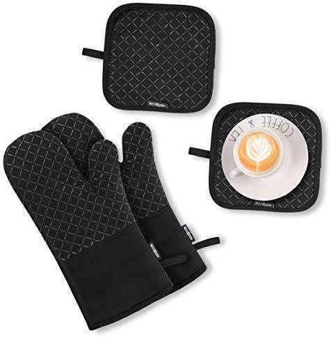 KES Kitchen Oven Mitts Set, Oven Mitts and Pot Holders, Heat Resistant with Quilted Cotton Lining, Non-Slip Surface 4 Pieces for Cooking, Baking, Grilling, Barbecue (Gray)