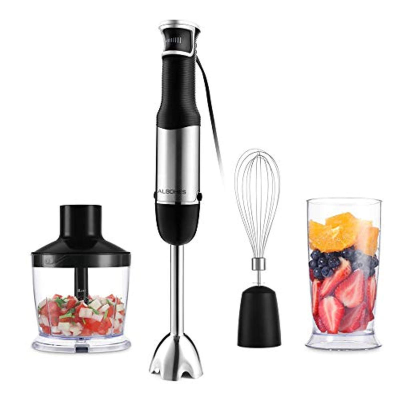 Immersion Hand Blender Set, ALBOHES Powerful 400watt Stepless Speed Hand Blender, Includes Multi-Purpose 4-in-1 Stick Blender, Egg Whisk, Stainless Food Chopper (500ml), and BPA-Free Beaker (600ml)