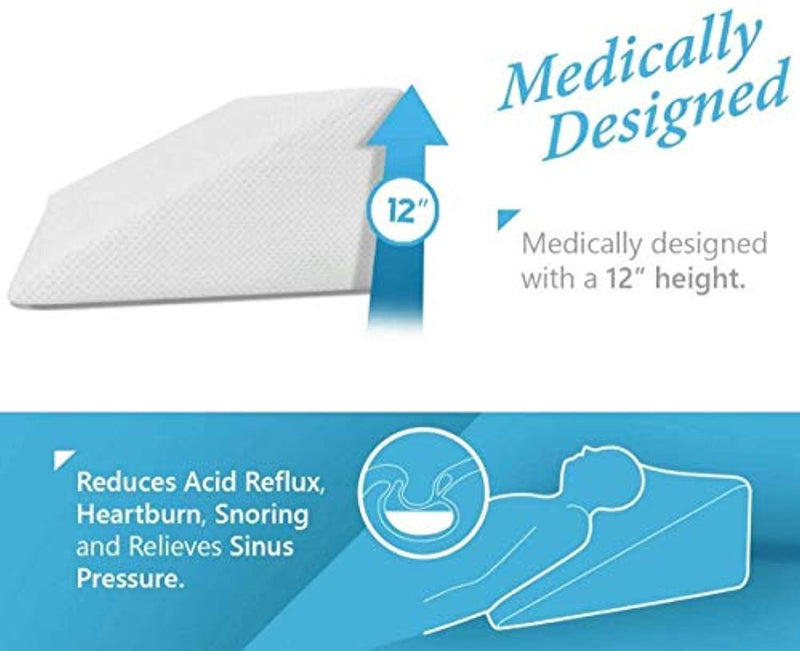 Bed Wedge Pillow 1.5 Inch Memory Foam Top, Cushy Form (25 x 24 x 12 Inches) Best for Sleeping, Reading, Rest or Elevation - Breathable and Washable Cover (12 Inch Wedge, White)