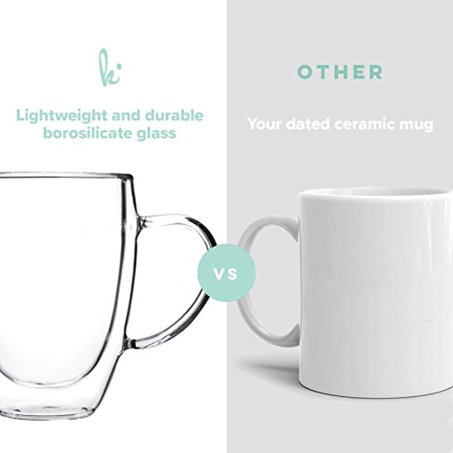 Kitchables Double Walled Thermo Insulated Cups, Glass Coffee Mugs, Coffee Mug Set, Latte Cappuccino Espresso, Coffee or Tea Mugs, Drinking Glasses, Set of 2, 12oz