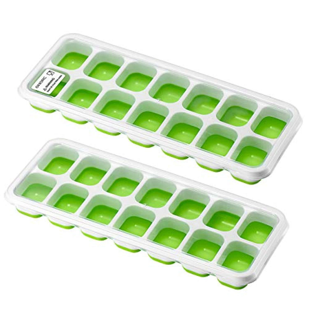 OMORC Ice Cube Trays 2 Pack, Easy-Release Silicone and Flexible 14-Ice Trays with Spill-Resistant Removable Lid, BPA Free LFGB Certified, Dishwasher Safe and Stackable Durable