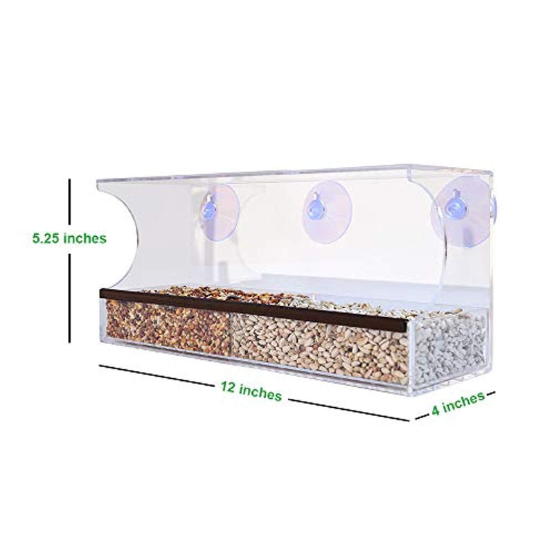 Sparrow Decor GB-6850 Deluxe Clear Window Bird Feeder, Large Wild Birdfeeder with Drain Holes, Removable Tray, Super Strong Suction Cups, Transparent Viewing, Covered, High Seed Capacity, Rubber Perch