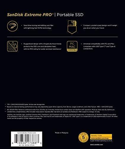 SanDisk 1TB Extreme Portable External SSD - Up to 550MB/s - USB-C, USB 3.1 - SDSSDE60-1T00-G25