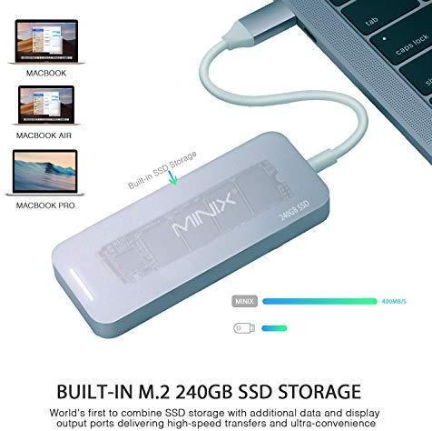 MINIX NEO Storage, 240GB Aluminum USB-C Multiport SSD Storage Hub, Built-in M.2 SSD Storage with HDMI [4K @ 30Hz], 2 x USB 3.0 and USB-C for Power Delivery, Compatible for Apple MacBook. Space Gray