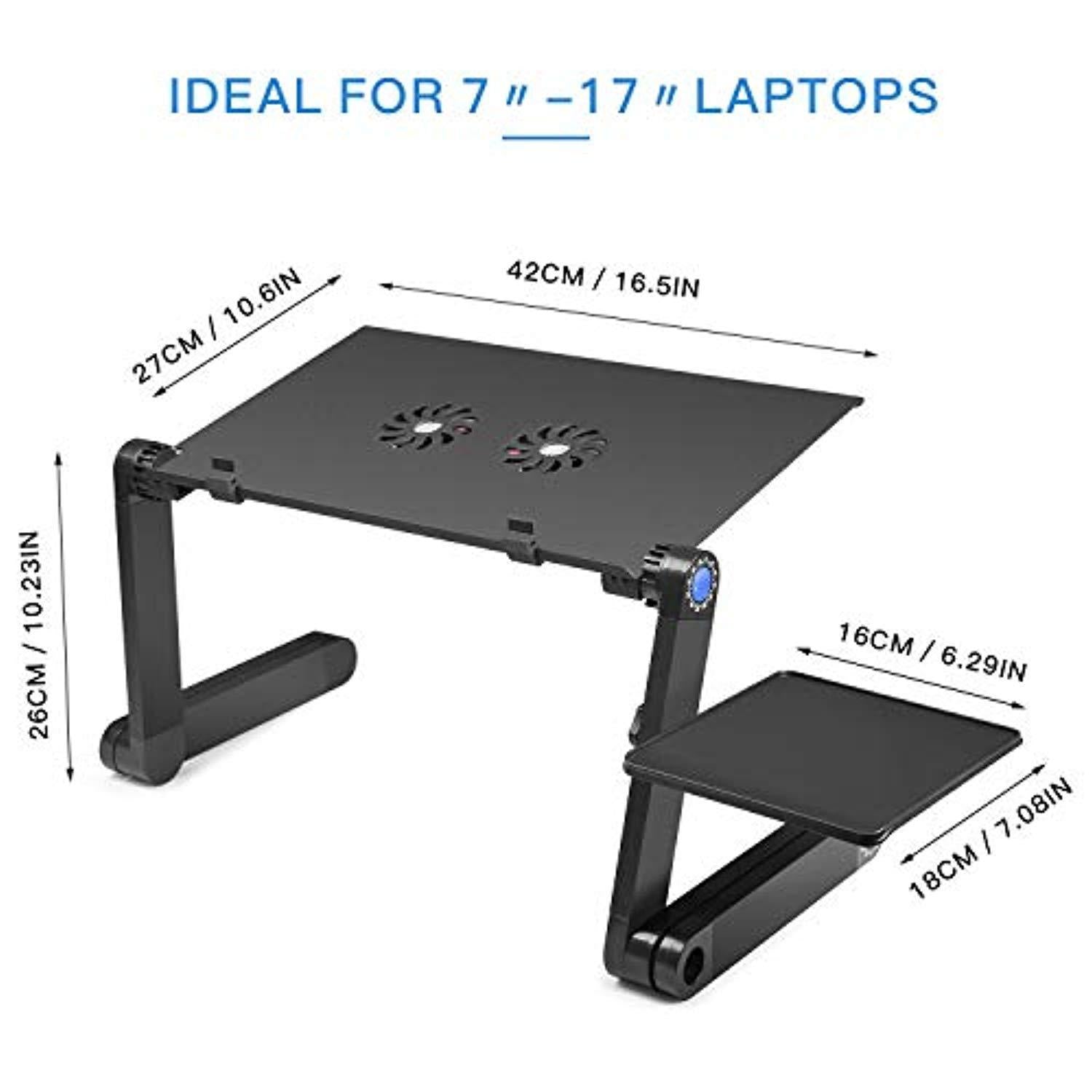 CNDT Adjustable Standing Laptop Desk Stand Table Portable Aluminum Lap Riser Holder with Dual-Cooling Fans for Bed Couch Sofa (Black)