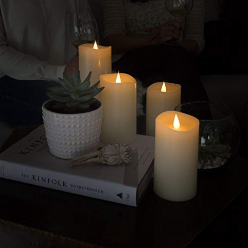 FLAMELESS CANDLES with Realistic Flickering Flame - Authentic Candle Light for a Relaxing, Beautiful home; Real Wax Pillar with Timer, Battery Operated LED, Unscented, Ivory White, 3x5"