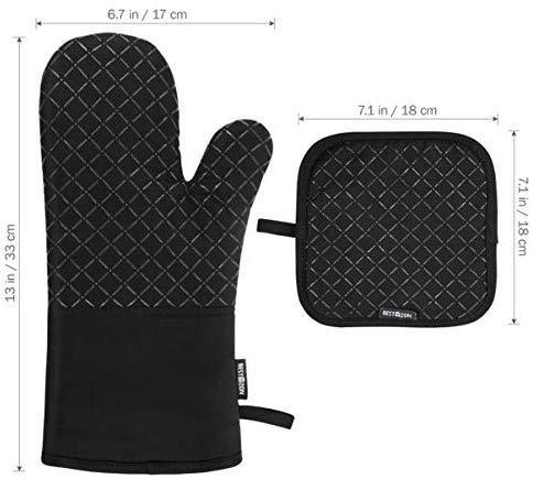 KES Kitchen Oven Mitts Set, Oven Mitts and Pot Holders, Heat Resistant with Quilted Cotton Lining, Non-Slip Surface 4 Pieces for Cooking, Baking, Grilling, Barbecue (Gray)