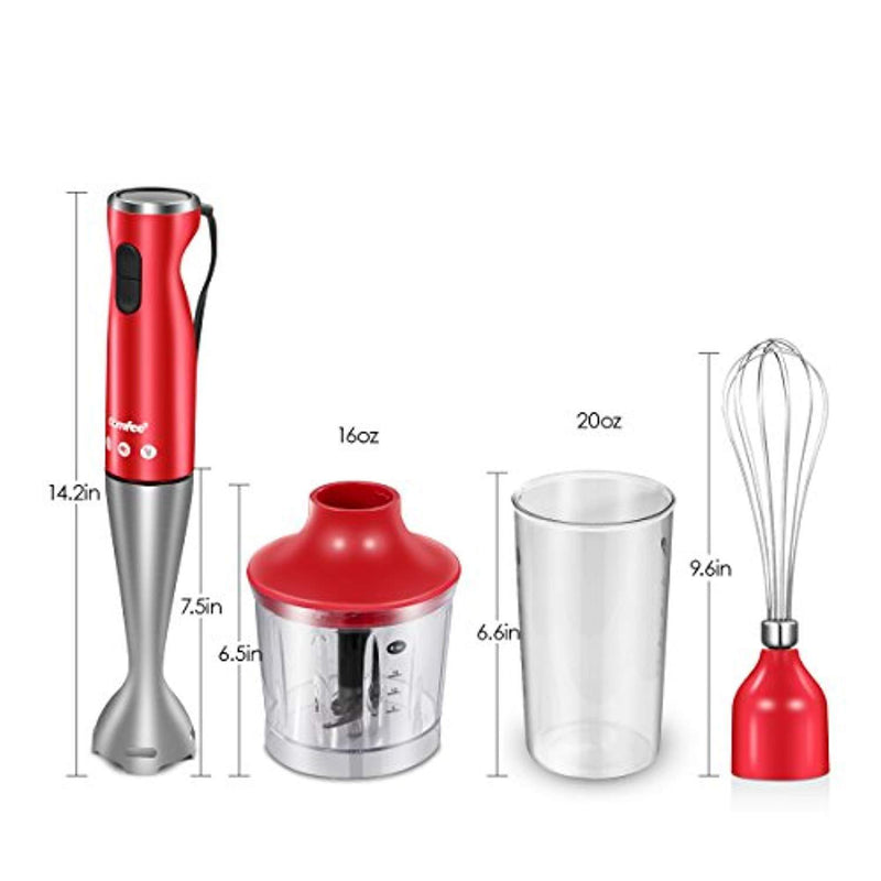 Electric Hand Immersion Blender, 4 -in- 1 Hand Mixer with 500ml Food Chopper, 600ml Beaker, Balloon Whisk, Stainless Steel Blending Shaft by Comfee