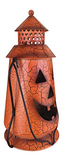 Halloween Pumpkin Rustic Lantern with Handle, - Metal Jack O Lantern Fall Decoration, Standing or Hanging, Holds Pillar Candle - Indoor, Outdoor, by Clovers Garden