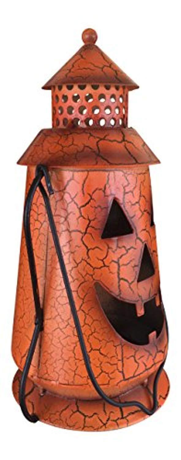 Halloween Pumpkin Rustic Lantern with Handle, - Metal Jack O Lantern Fall Decoration, Standing or Hanging, Holds Pillar Candle - Indoor, Outdoor, by Clovers Garden