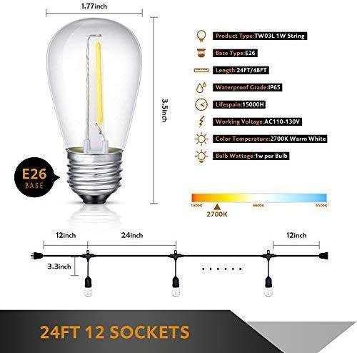 TWINSLUXES LED Patio Lights String 48FT With 2W x 24 Vintage Bulbs - Edison String Lights Outdoor, E26 Sockets Hanging Outdoor Lights, Weatherproof Commercial String of Lights for Bistro, Café, Garden