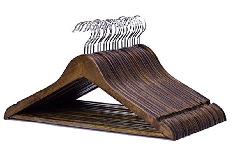 JS HANGER Solid Wooden Suit Hangers Retro Finish with Anti-Rust Hooks and Non-Slip Bar - 20 Pack