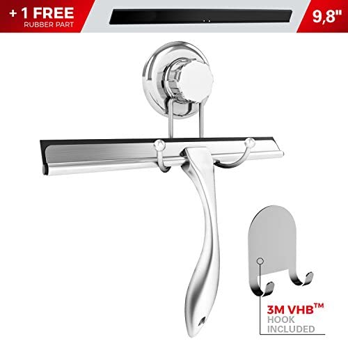 Quntis Bathroom Shower Squeegee Chrome Plated Stainless Steel with Matching Suction Cup Hook Holder, 3M Adhesive Mounting Disc, 3M Hook,1 Replacement Rubber Blade, 9.8-Inch