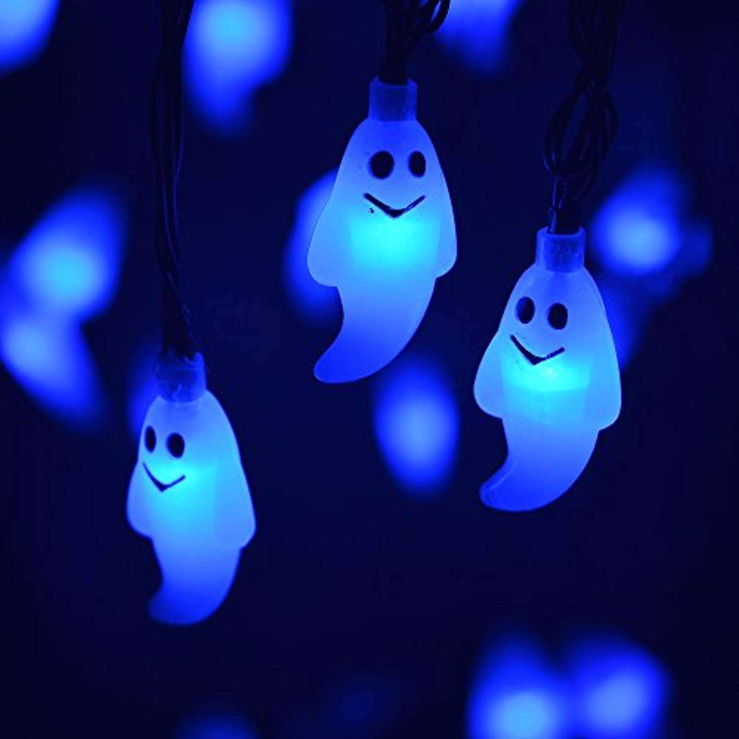 LEVIHCEC Solar Halloween Decorations String Lights, 30 LED Waterproof Cute Ghost LED Holiday Lights for Outdoor Decor, 8 Modes Steady/Flickering Lights [Light Sensor] 19.7ft Blue