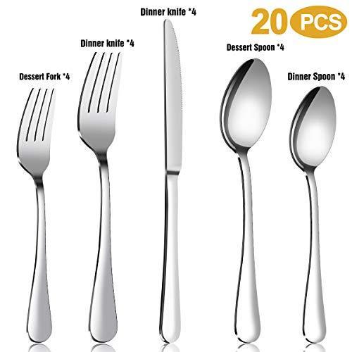 Silverware Set，MASSUGAR 20-Piece Silverware Flatware Cutlery Set, Stainless Steel Utensils Service for 4, Include Knife/Fork/Spoon, Mirror Polished (20-Piece)