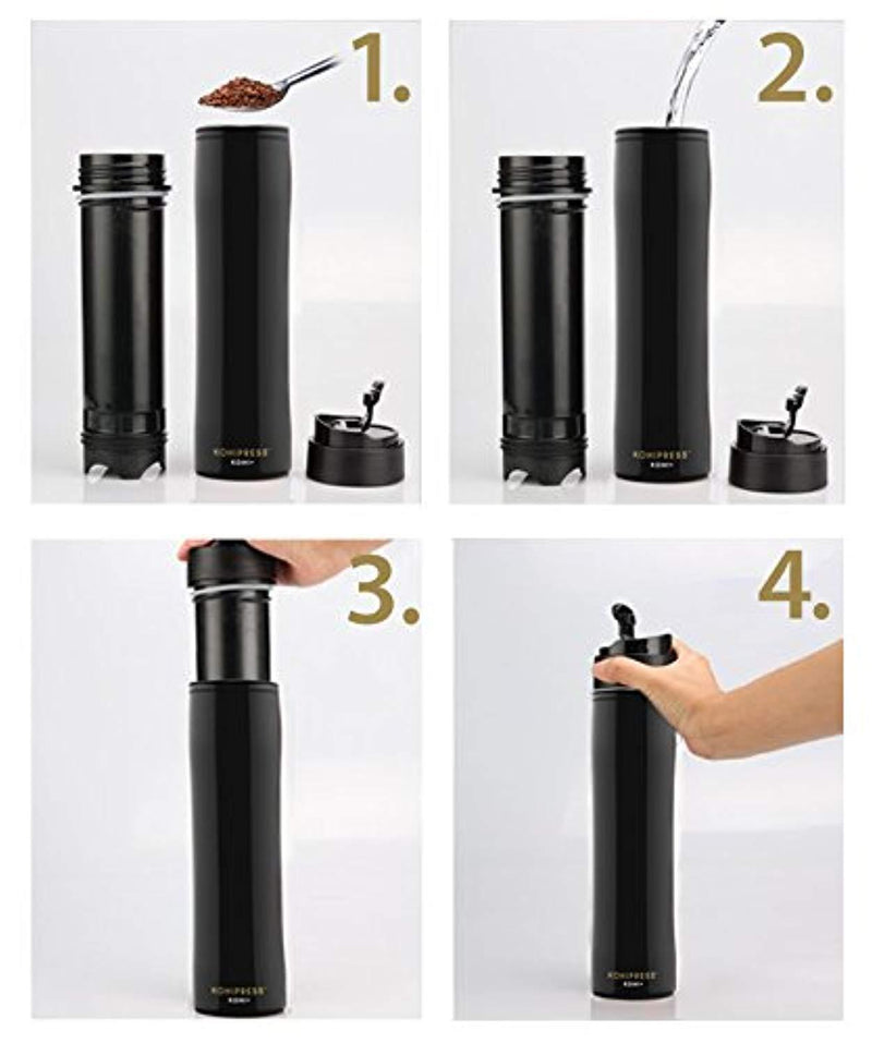 KOHIPRESS The Original Portable French Press Coffee Maker | Vacuum Insulated Travel Mug | Premium Stainless Steel | Hot and Cold Brew (12 oz) | Great for Commuter, Camping, Outdoors and Office (Black) by Pressopump