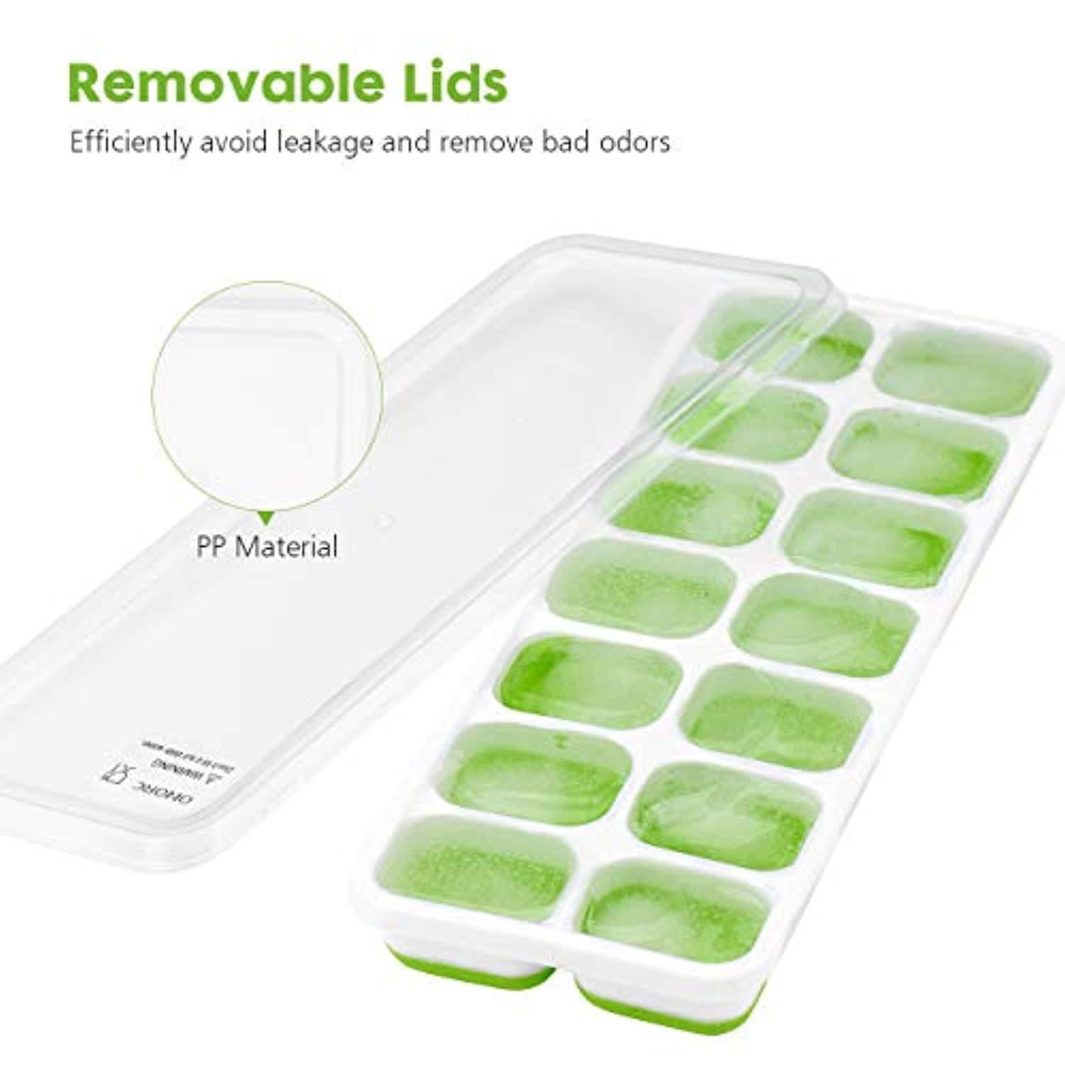 OMORC Ice Cube Trays 2 Pack, Easy-Release Silicone and Flexible 14-Ice Trays with Spill-Resistant Removable Lid, BPA Free LFGB Certified, Dishwasher Safe and Stackable Durable