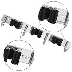 Favbal Broom Mop Holder Wall Mount Stainless Steel Wall Mounted Storage Organizer Heavy Duty Tools Hanger with 3 Racks 4 Hooks for Kitchen Bathroom Closet Garage Office Garden