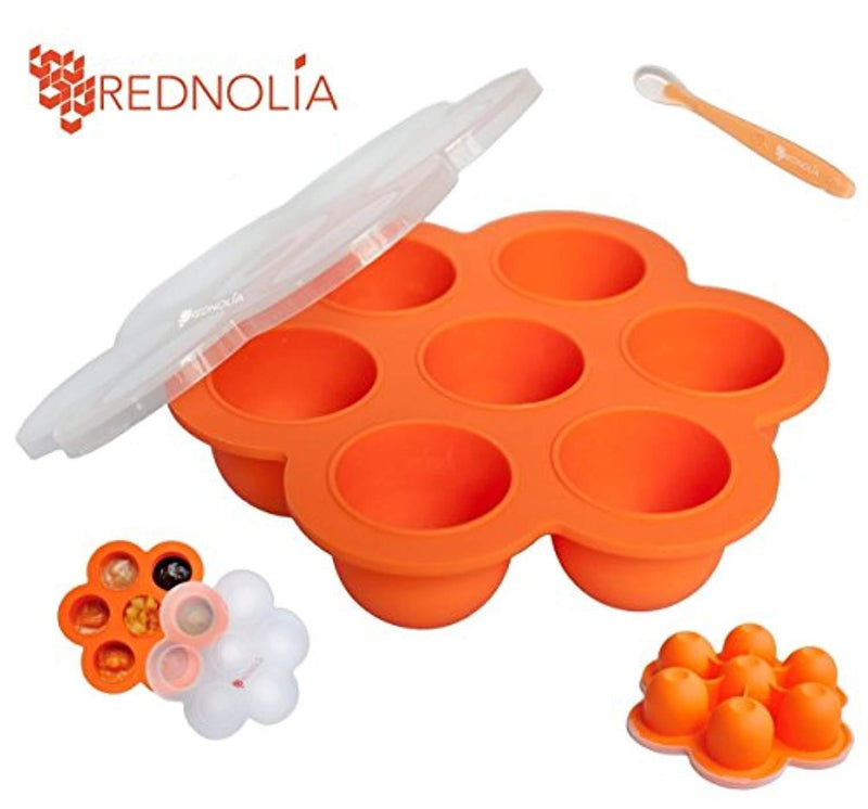 REDNOLIA Baby Food Freezer Tray with Spoon | Best Multiportion Silicone Food Storage Container for Homemade Baby Food Purees and BreastMilk | 7 x 2.5 OZ | BPA-Free | Orange