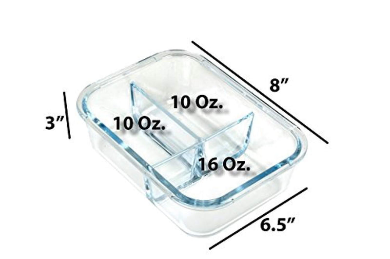 [LIFETIME LIDS 6 PACK] LARGE Premium 6 Sets 3 Compartment Glass Meal Prep Containers 3 Compartment with Snap Locking Lids, BPA-Free, Microwave, Oven, Freezer, Dishwasher Safe (4.5 Cup, 36 Oz,)
