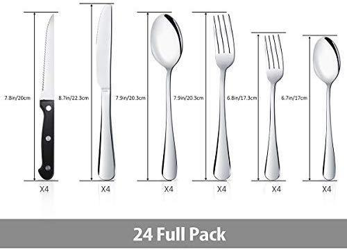 KaryHome 24 Piece Silverware Teivio  Set, Flatware Utensils Set Mirror Polished, Dishwasher Safe Service for 4, Include Knife/Fork/Spoon/Steak Knife/Wire Mesh Steel Cutlery Holder Storage Trays (Silver)
