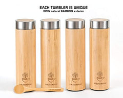 Bamboo Travel Tumbler Tea Infuser- 17oz Stainless Steel Thermos & Strainer, Mug for Hot/Cold Brew Coffee, Vacuum Insulated Bottle, Mesh filter for loose leaf, Fruit Infused Water Flask