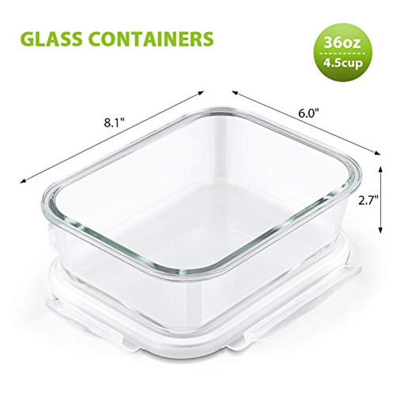 Bayco Large Glass Meal Prep Containers, [5 Pack, 36oz | 4.5cups] Glass Food Storage Containers with Lids, Airtight Glass Bento Boxes, BPA Free & FDA Approved & Leak Proof (5 lids & 5 Containers)