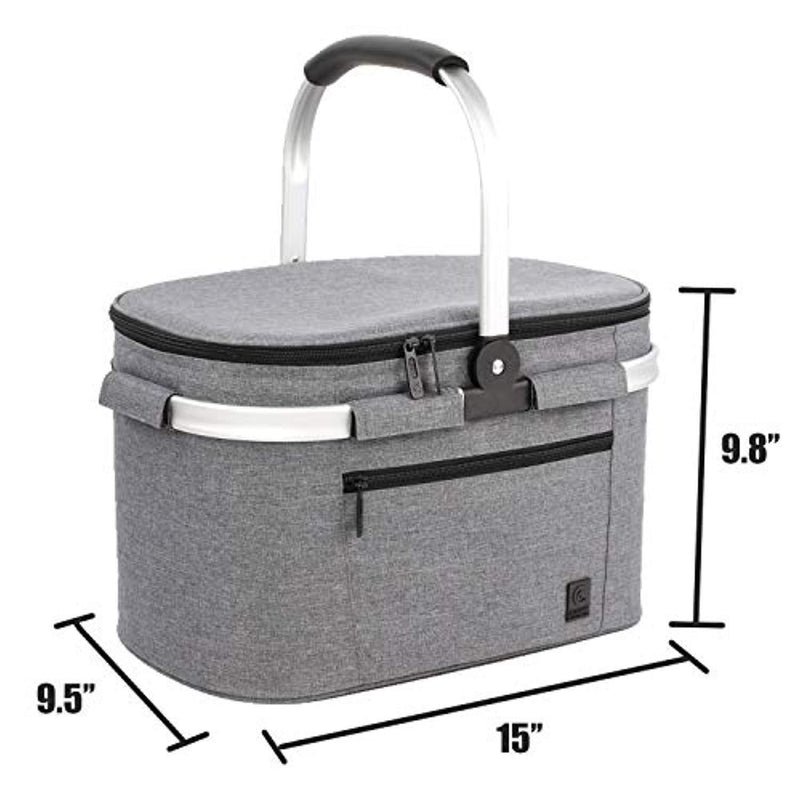 ALLCAMP Large Size Insulated Cooler Bag Folding Collapsible 22L Picnic Basket with Sewn in Frame (Grey)