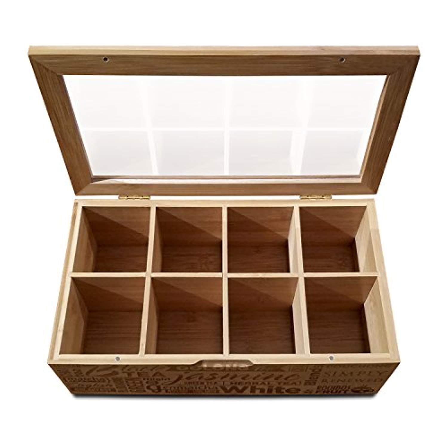 Simply Renewed Tea Box Organizer Chest Decorative Tea Bag Storage Container Bamboo 8 Compartment Box with Magnetic Closure and Ergonomic Front Handle Perfect for Organizing Your Tea Bags