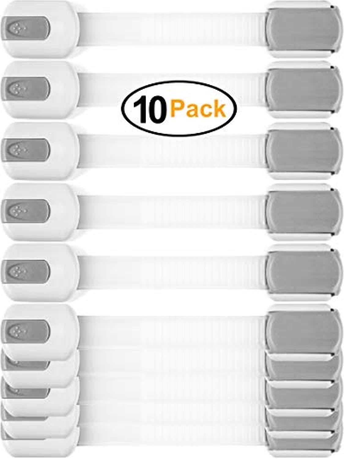 Child Safety Locks -VALUE PACK (10 Straps)- No Tools or Drilling -Adjustable Size/Flexible -Adhesive Furniture Latches For Baby Proofing Cabinets, Drawers, Appliances, Toilet Seat, Fridge, Oven & More