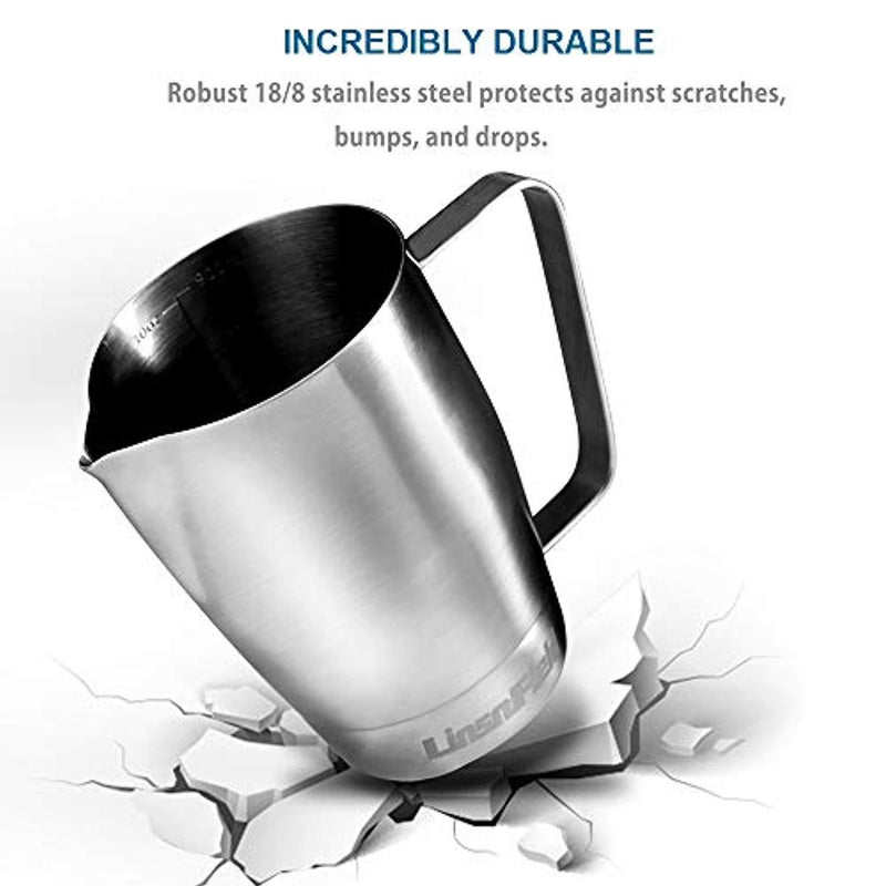 LinsnField 30oz Professional Milk Steaming Pitcher - NSF Approved Heavy Duty 304 Stainless Steel Milk Frothing Pitcher - Perfect Size Milk Jug for Baristas, 1000ml