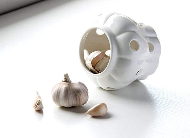 White Stoneware Garlic Keeper with Bamboo Lid and 12 Air Vent