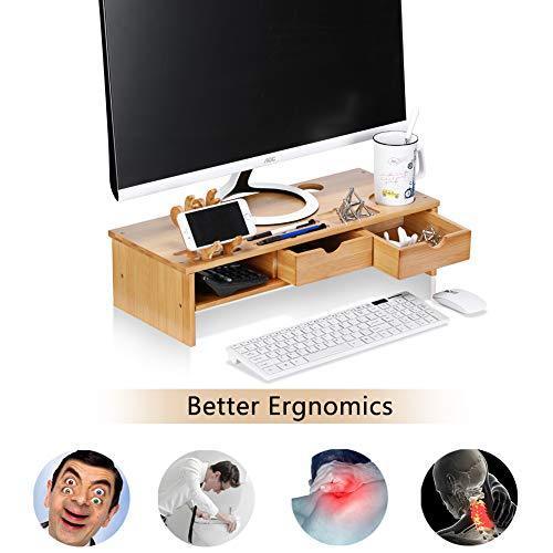 Bamboo Monitor Stand Computer Riser, Multifunctional Monitor Storage Stand with Storage Drawers, Desktop Laptop Stand Storage Organizer 21×7.5inch