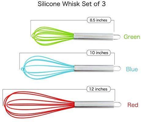 TEEVEA  Set of 3 Multi-Color Silicone whisks with stainless steel handles. Milk & Egg Beater Balloon Metal Whisk for Blending, Whisking, Beating and Stirring