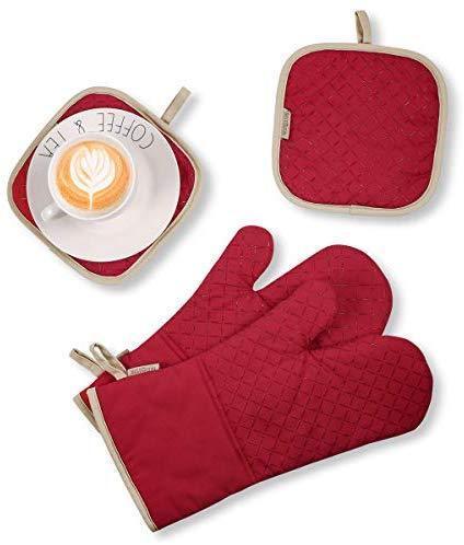 KES Kitchen Oven Mitts Set, Oven Mitts and Pot Holders, Heat Resistant with Quilted Cotton Lining, Non-Slip Surface 4 Pieces for Cooking, Baking, Grilling, Barbecue (Gray)