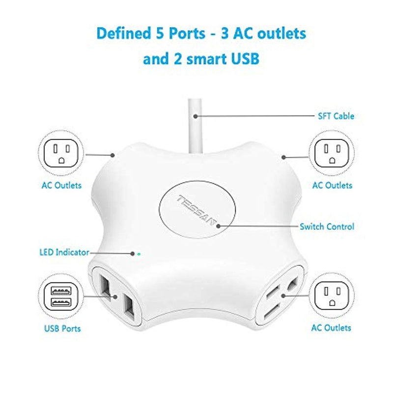 Travel Power Strip with USB - TESSAN 3 Outlets 2 USB Small Desktop Charging Station with 5 Feet Extension Cord No Surge Protection for Cruise Ship Office Home Nightstand Hotel (White)