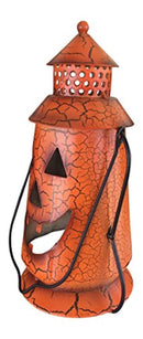 Halloween Pumpkin Rustic Lantern with Handle, - Metal Jack O Lantern Fall Decoration, Standing or Hanging, Holds Pillar Candle - Indoor, Outdoor, by Clovers Garden