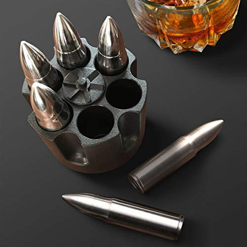 WHISKEY BULLET STONES WITH BASE - XL, 2.5" Original Extra Large Bullet-Shaped Whiskey Chillers, Unique Revolver Freezer Base, Set of 6, Gift for Whisky, Bourbon, Scotch Lovers, Groomsmen, Military