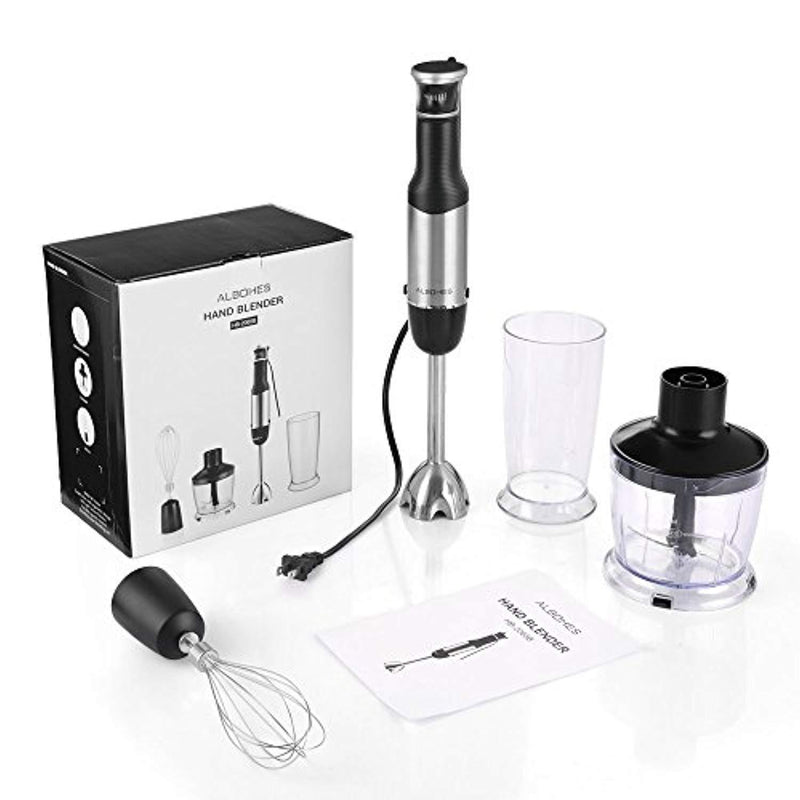 Immersion Hand Blender Set, ALBOHES Powerful 400watt Stepless Speed Hand Blender, Includes Multi-Purpose 4-in-1 Stick Blender, Egg Whisk, Stainless Food Chopper (500ml), and BPA-Free Beaker (600ml)