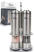 Battery Operated Salt and Pepper Grinder Set - Electric Stainless Steel Salt&Pepper Mills(2) by Flafster Kitchen -Tall Power Shakers with Stand - Ceramic Grinders with lights and Adjustable Coarseness